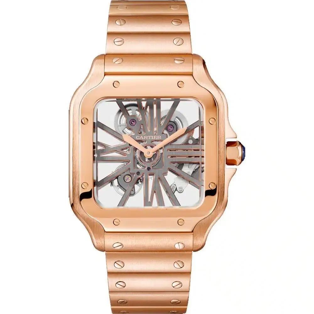 Cartier Santos De Cartier 18k Rose Gold Skeleton Dial Watch Whsa0008 In Excellent Condition In New York, NY