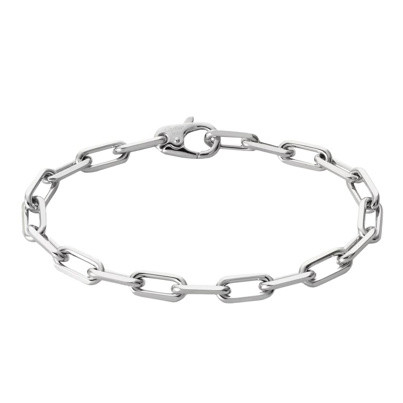 Santos-Dumont chain bracelet, 18K white gold (750/1000). Thickness: 1.4 mm. Length: 192 to 205 mm (for size 17).

Details:
Brand: Cartier
Type: Bracelet
Material: 18K White Gold
Size: 17
Theme: Romantic, Love
Scope of Delivery: Box and