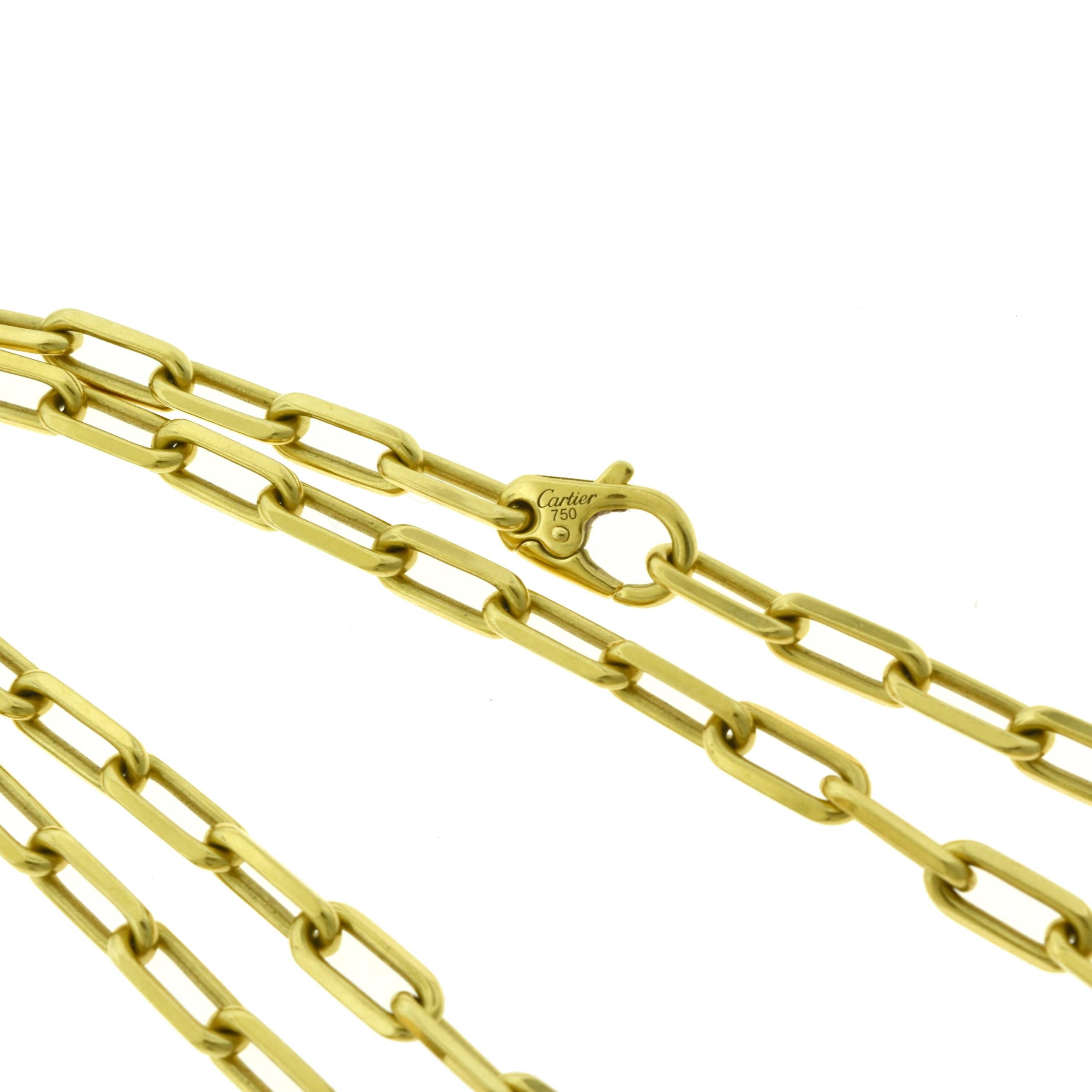 Designer: Cartier

Collection: Santos de Cartier

Style: Chain Link Necklace

Metal: Yellow Gold

Metal Purity: 18k

Total Item Weight (grams): 55

Necklace Length: 22 inches

Signature: Cartier 