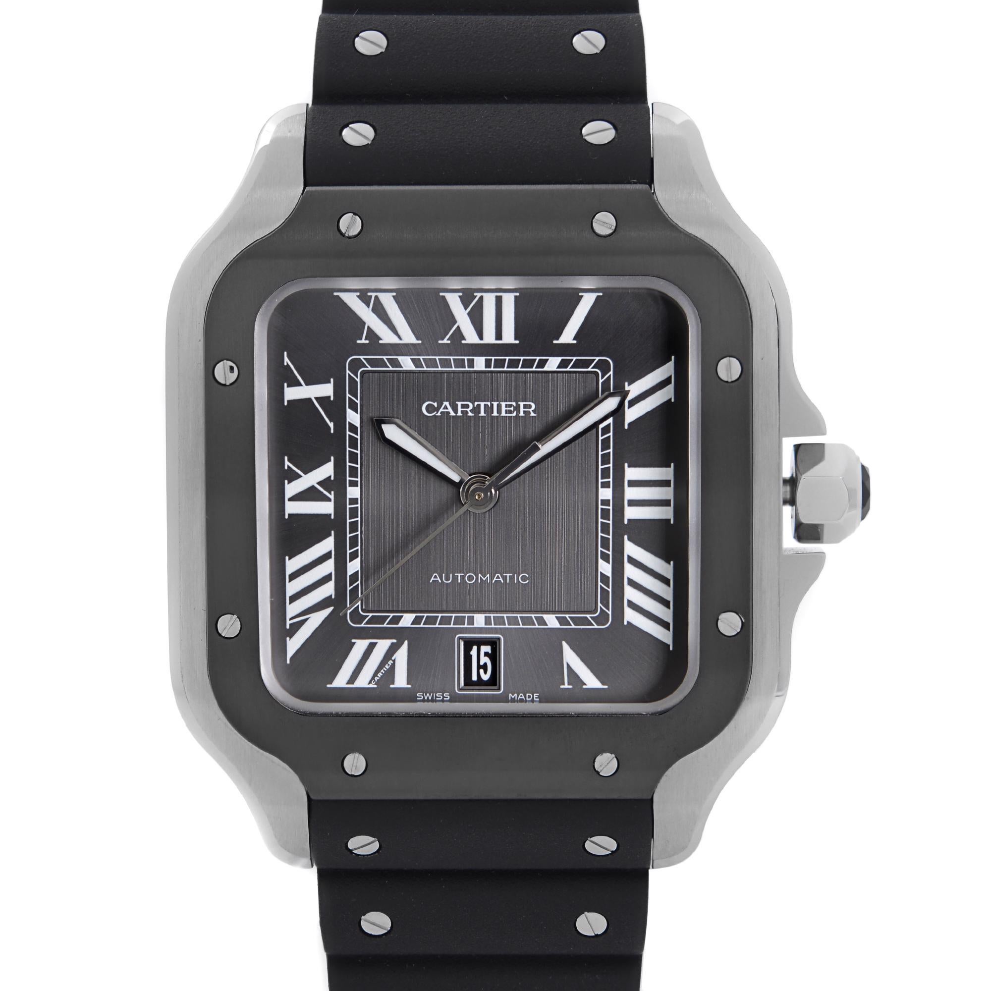 Display Model Cartier Santos De Cartier Large Steel Gray Dial Automatic Men's Watch WSSA0037. Missing Steel bracelet.  This Beautiful Timepiece is Powered by Mechanical (Automatic) Movement And Features: Rectangular Stainless Steel Case With a Gray