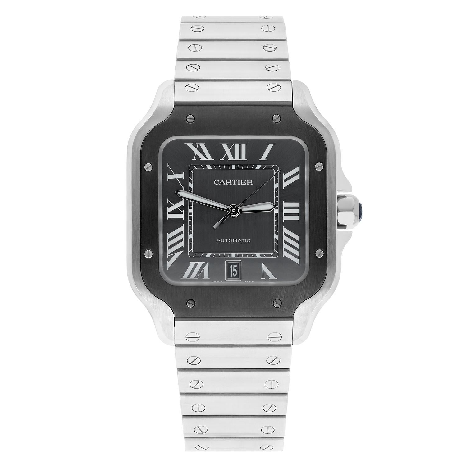 This Cartier Santos de Cartier wristwatch is a timeless piece that exudes class and luxury. The silver stainless steel case, black adlc bezel surrounding a gray dial on a stainless steel bracelet with folding buckle. With an automatic mechanical