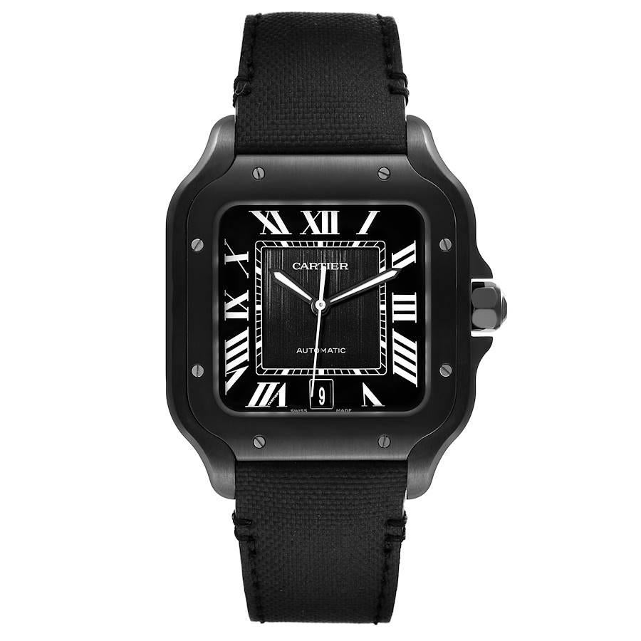 Cartier Santos de Cartier Black Leather Strap Steel Mens Watch WSSA0039 Box Card. Automatic self-winding movement caliber 1847 MC. Black ADLC stainless steel case 40.0 mm. Protected octagonal crown. Black ADLC stainless steel bezel punctuated with 8