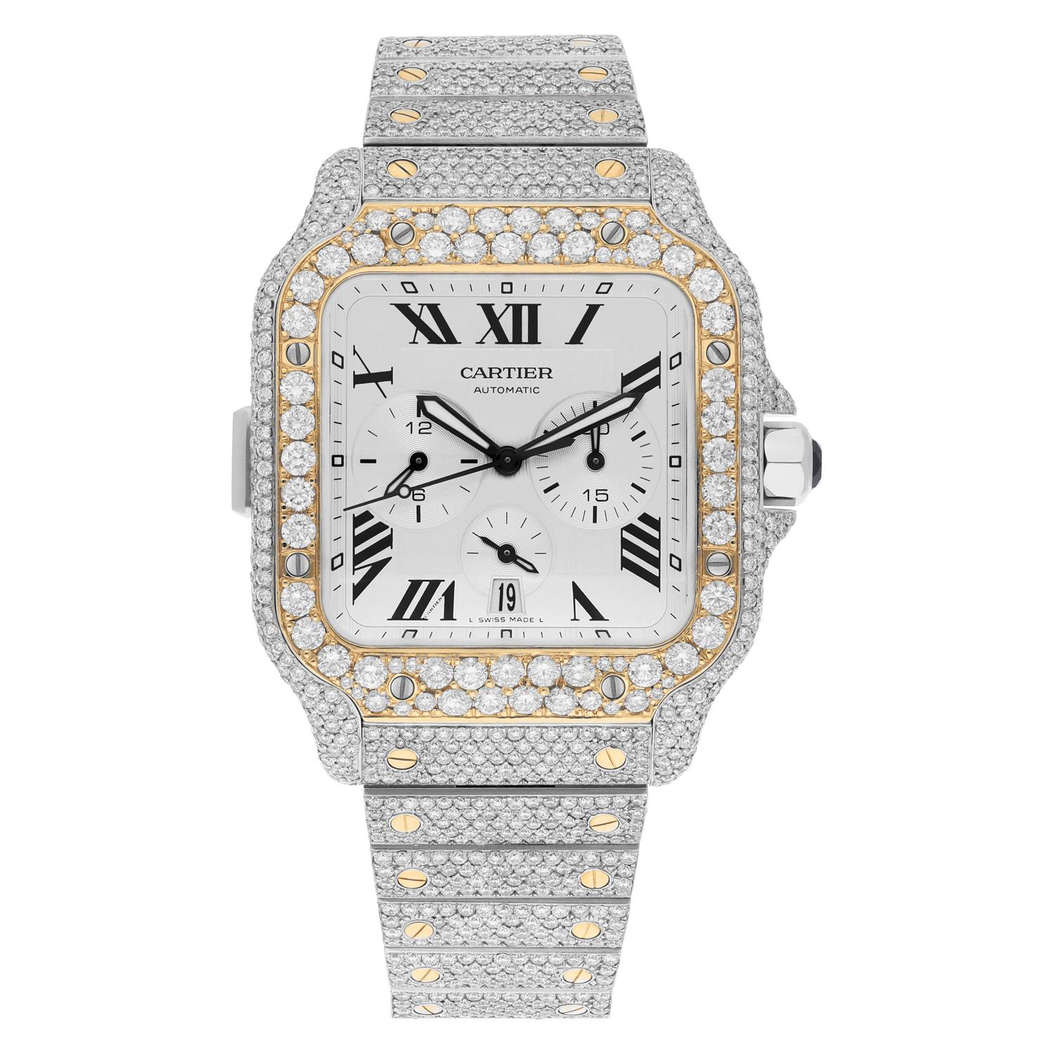 Brand: Cartier
Series: Santos 
Model: W2SA0008
Case Diameter: 44 mm
Bracelet: 18k yellow gold / stainless steel
Bezel: Custom diamond set
Dial: Silver 
Carat Weight: 30.00 carats in total diamond weight
The sale includes a Cartier watch box and an