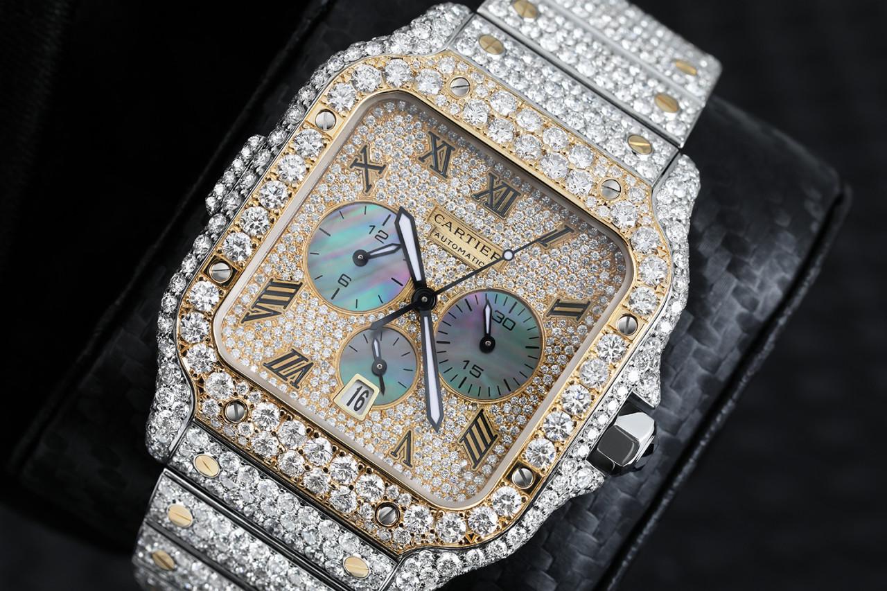 Taille ronde Cartier Santos De Cartier Montre chronographe bicolore personnalisée avec diamants W2SA0008 en vente