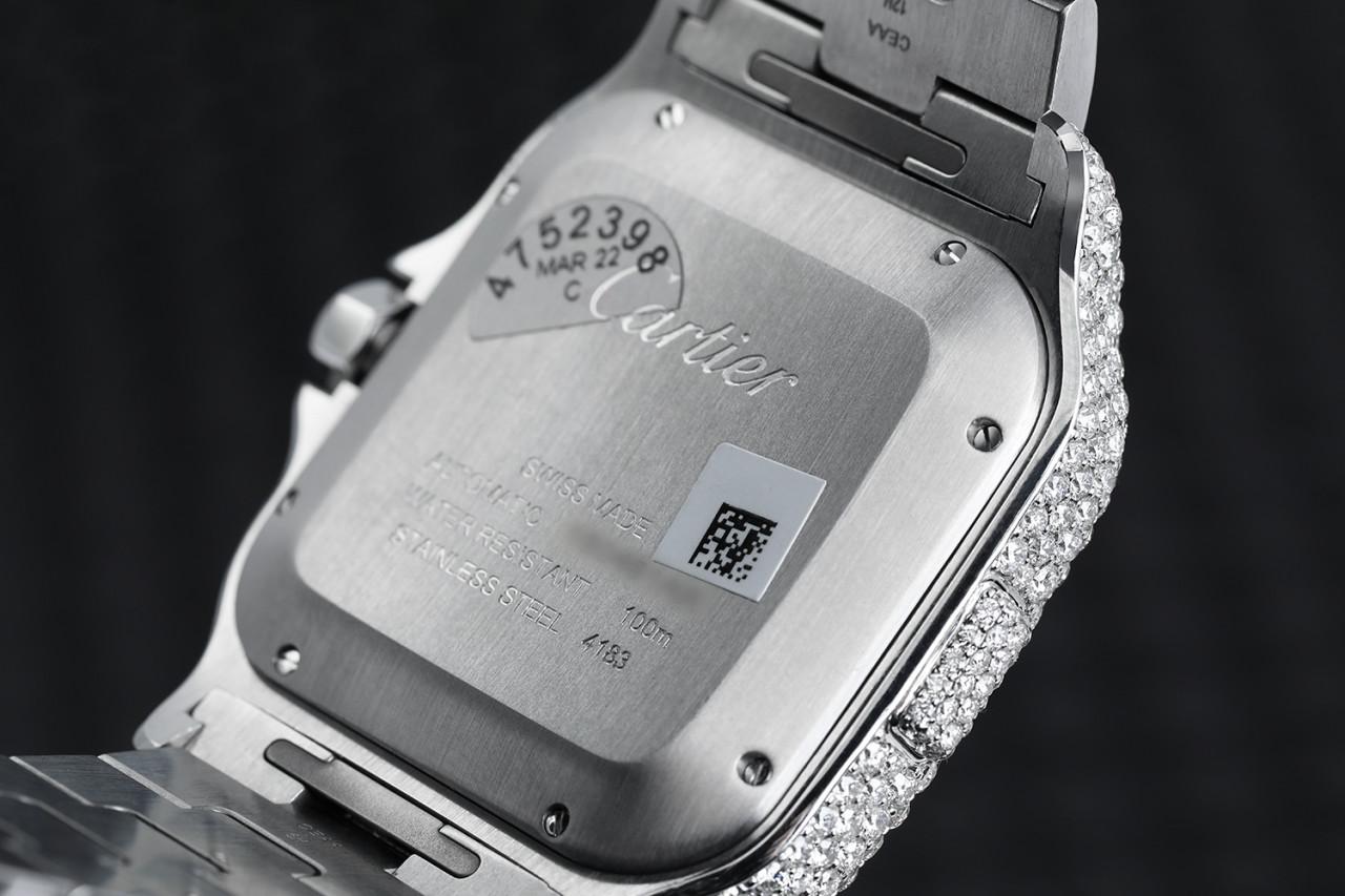 Round Cut Cartier Santos De Cartier Chronograph Two Tone Custom Diamond Watch W2SA0008 For Sale