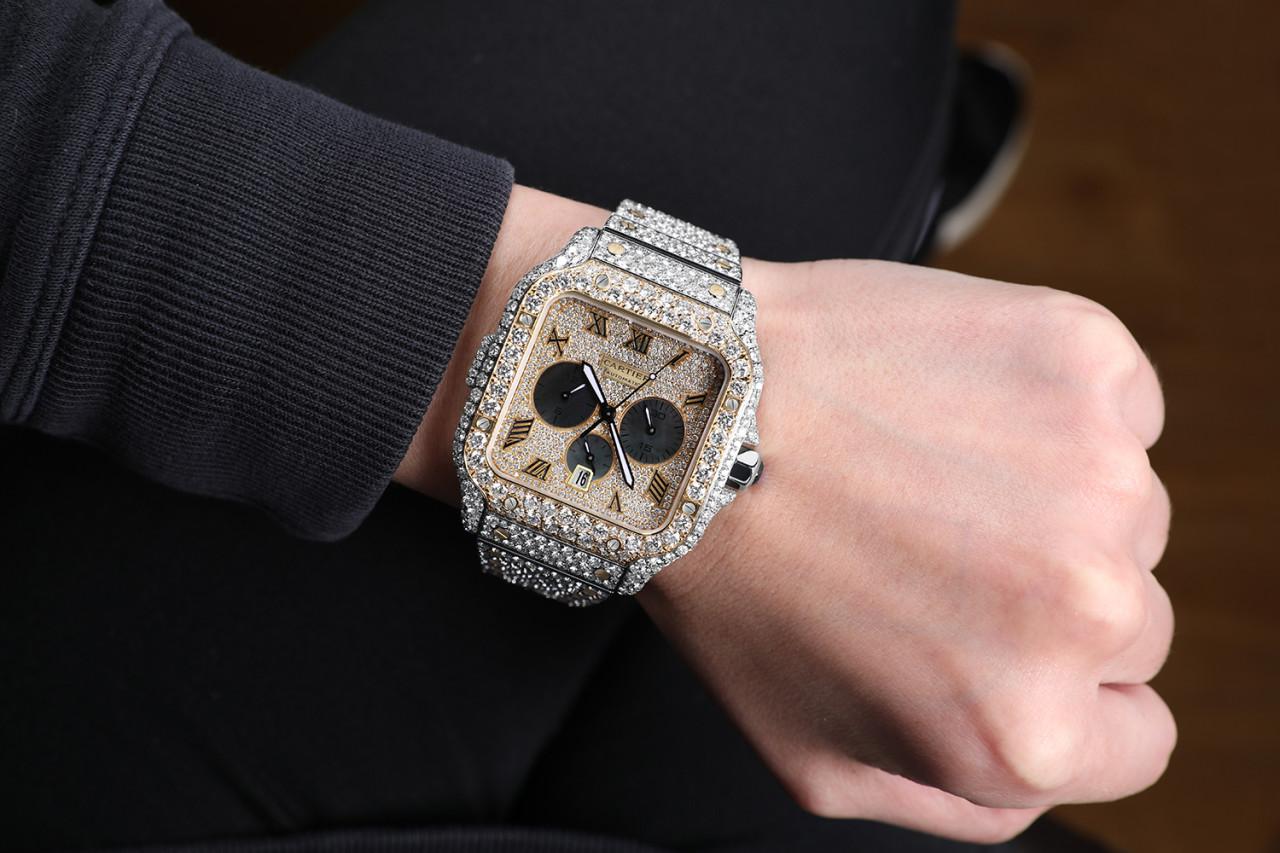 Cartier Santos De Cartier Chronograph Two Tone Custom Diamond Watch W2SA0008 In New Condition For Sale In New York, NY