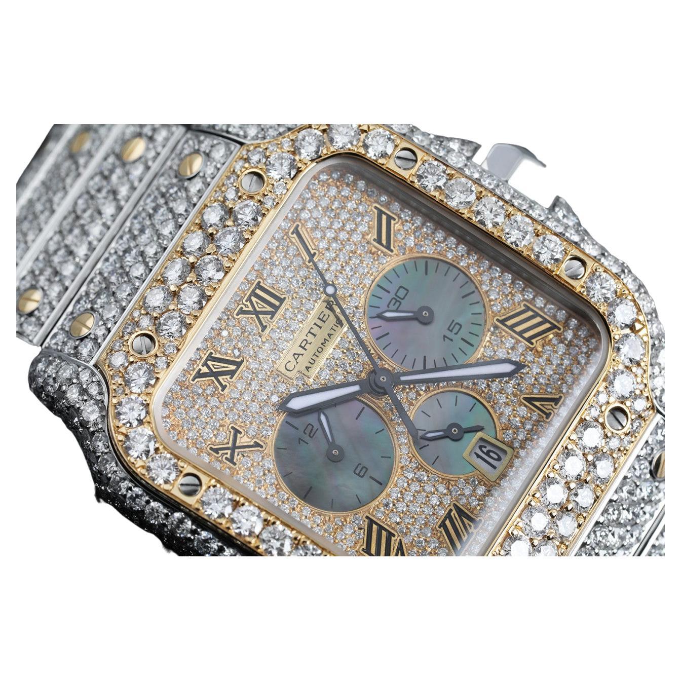 Cartier Santos De Cartier Chronograph zweifarbige maßgefertigte Diamantuhr W2SA0008 im Angebot