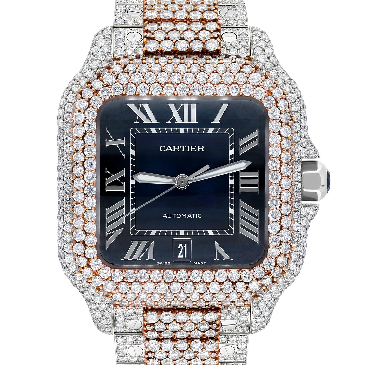 Marke: Cartier
Serie: Santos 
Modell: WSSA0018
Gehäuse-Durchmesser: 39.8 mm
Armband: 18 Karat Roségold und Edelstahl, individuell hinzugefügt
Lünette: Individuell mit Diamanten besetzt
Zifferblatt: Original Blau
Karatgewicht: 22,00 Karat