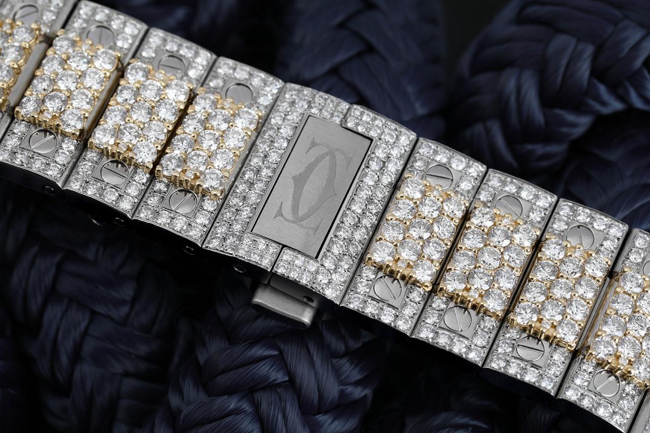 Round Cut Cartier Santos De Cartier Custom Diamond Stainless Steel/ Yellow Gold Watch For Sale
