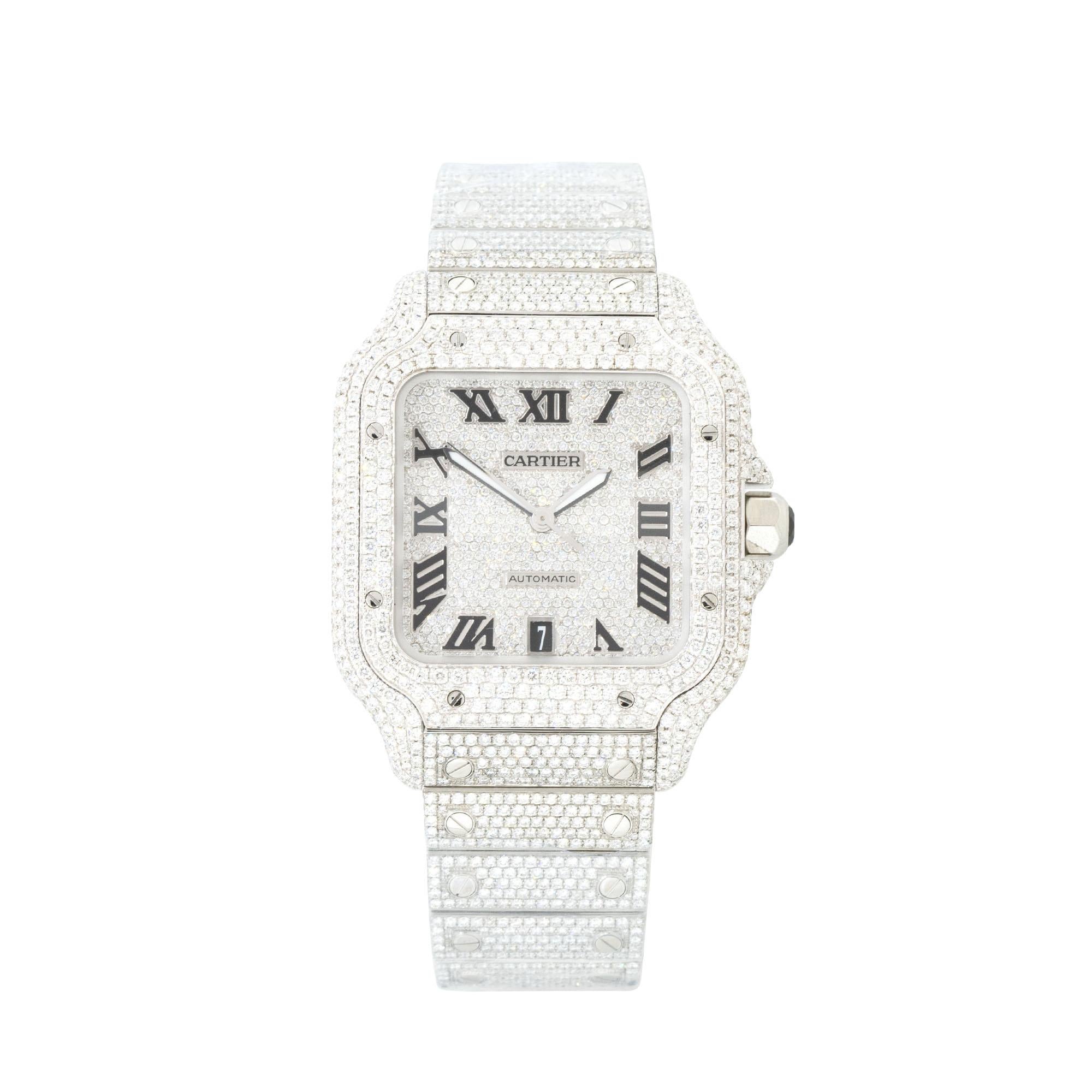 Cartier Santos De Cartier Fully Iced Out Stainless Steel Watch at 1stDibs