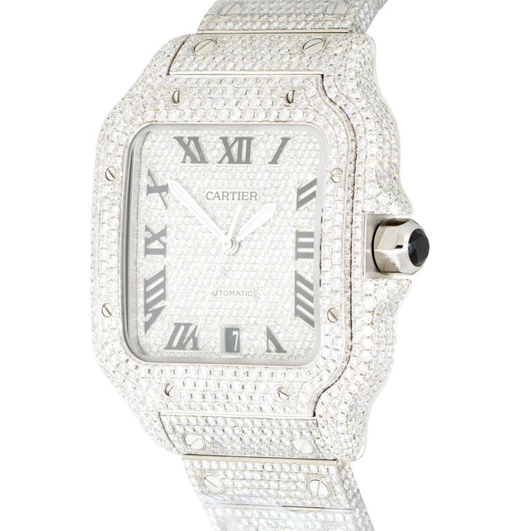 Cartier Santos De Cartier Fully Iced Out Stainless Steel Watch at ...