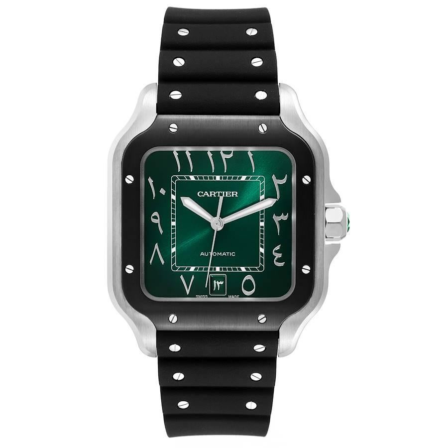 Cartier Santos de Cartier Green Arabic Dial Steel Mens Watch WSSA0055 Unworn. Automatic self-winding movement caliber 1847 MC. Stainless steel case 40.0 mm. Protected octagonal crown set with a green faceted synthetic spinel. Black ADLC stainless