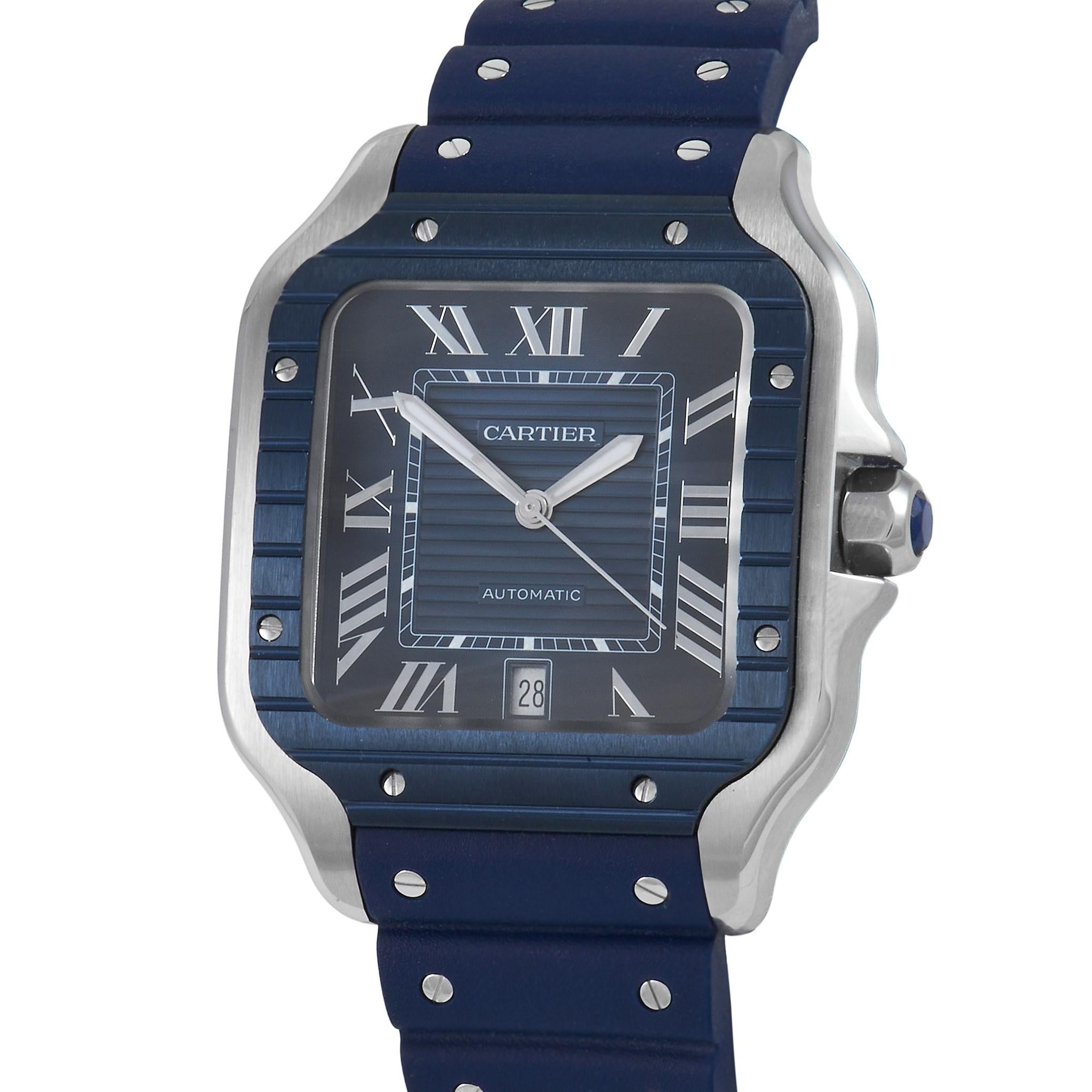 Cartier really nailed the details on this Santos de Cartier WSSA0048. Housed on a 39.8 mm stainless steel case with polished beveled corners is a PVD-plated blue dial bearing the classic Santos look. Present are stretched oversized Roman numeral