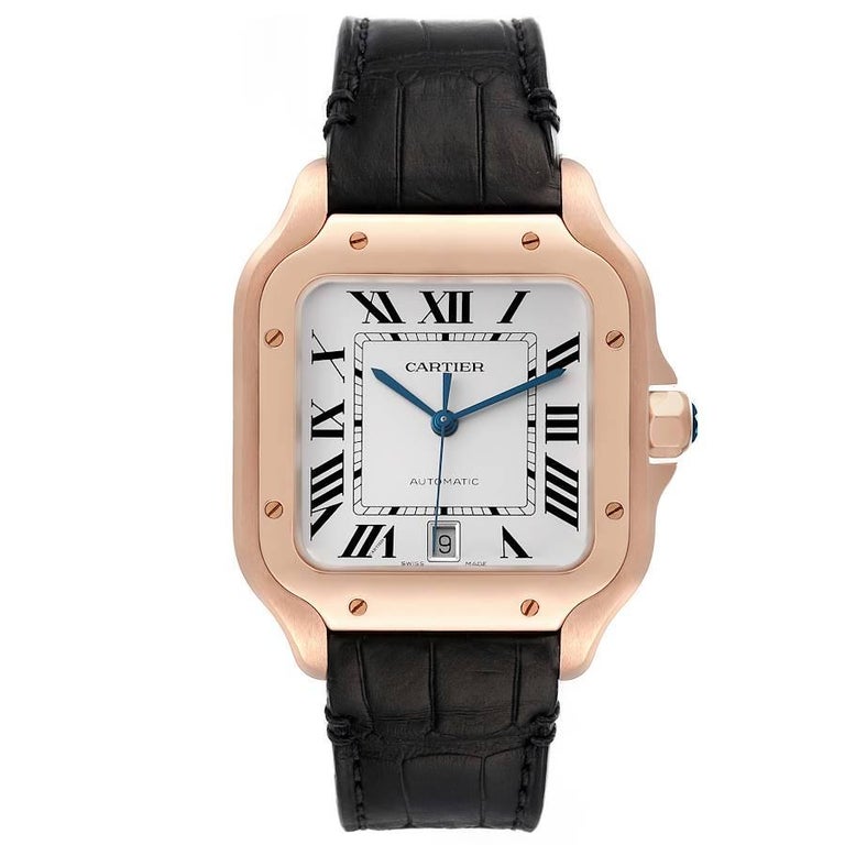 Cartier Santos De Cartier Large Rose Gold Silver Dial Watch WGSA0019 Box Card. Automatic self-winding movement. 18K rose gold case 39.8 x 39.8 mm. Octagonal crown set with the faceted sapphire. 18K rose gold bezel punctuated with 8 signature screws.
