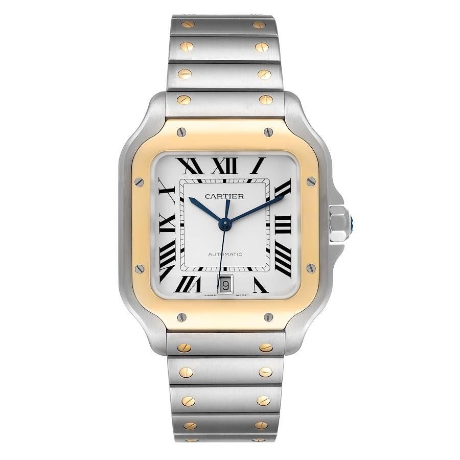 Cartier Santos de Cartier Large Steel Yellow Gold Mens Watch W2SA0009. Automatic self-winding movement. Stainless steel case 39.8 mm x 47.5 mm . Steel octagonal crown set with the faceted spinel. 18K yellow gold bezel punctuated with 8 signature