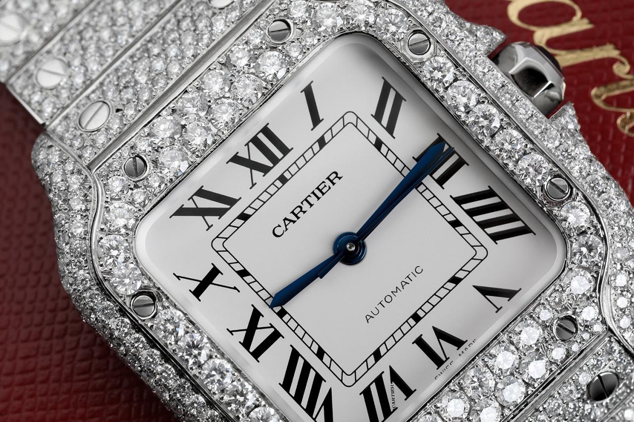Cartier Santos De Cartier Medium WSSA0029 Custom Diamond Stainless Steel Watch White Roman Dial

Santos watch, medium model, Manufacture mechanical movement with automatic winding, caliber 1847 MC. Steel case, 7-sided crown set with a faceted