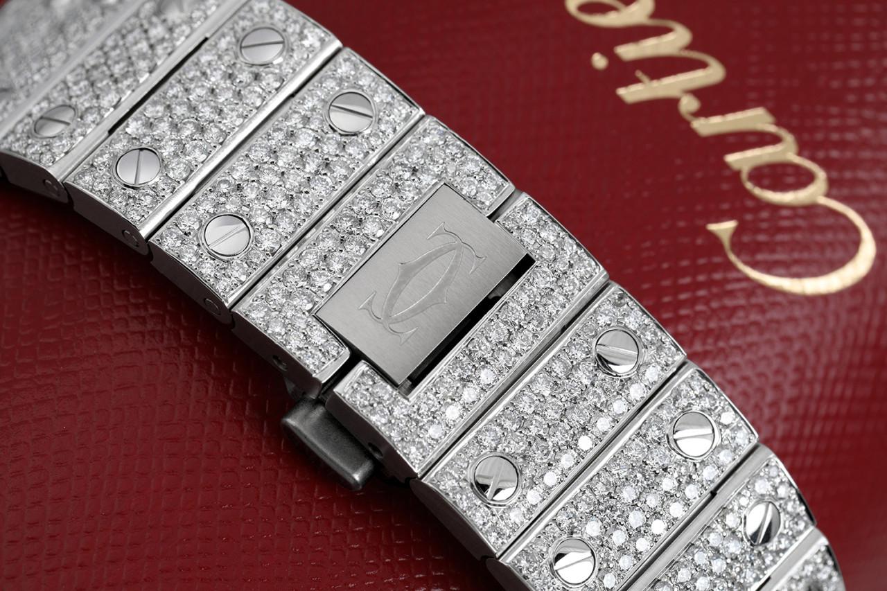 Cartier Santos De Cartier Medium Custom Diamond Stainless Steel Watch WSSA0029  In New Condition For Sale In New York, NY