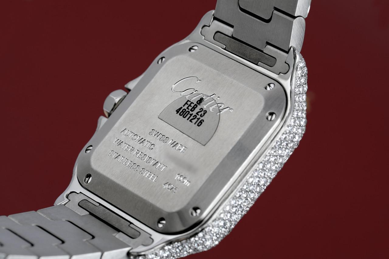 Women's or Men's Cartier Santos De Cartier Medium Custom Diamond Stainless Steel Watch WSSA0029  For Sale
