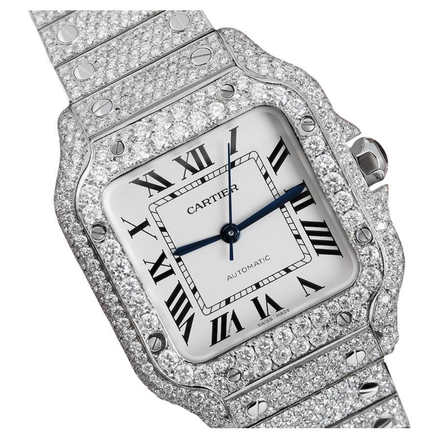 Cartier Santos De Cartier Medium Custom Diamond Stainless Steel Watch WSSA0029  For Sale