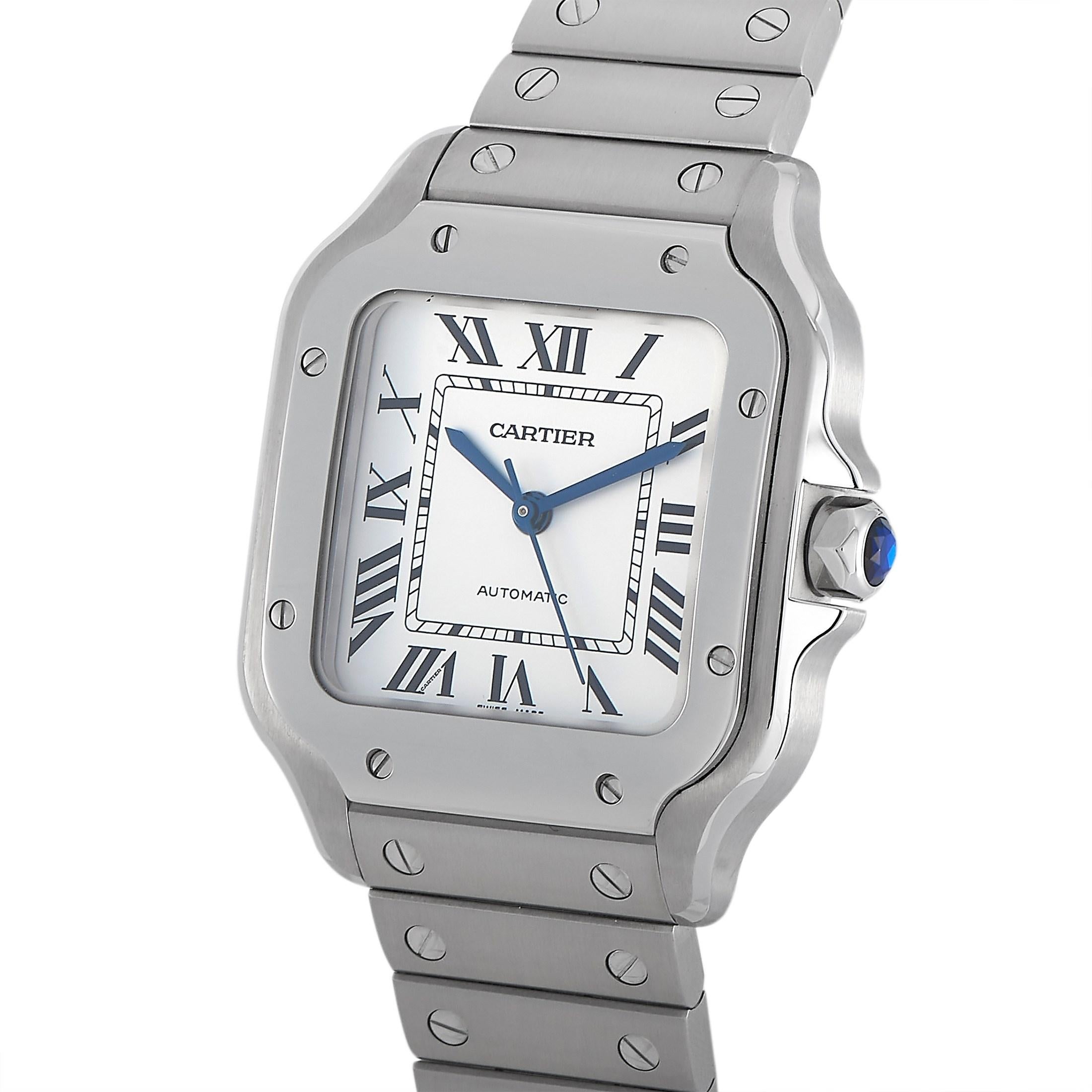 Cartier Santos De Cartier Watch WSSA0029, was originally designed for the famous Brazilian aviator Alberto Santos Dumont. 

This iconic timepiece features a 35mm square case and bracelet crafted from shimmering stainless steel. On the silvered