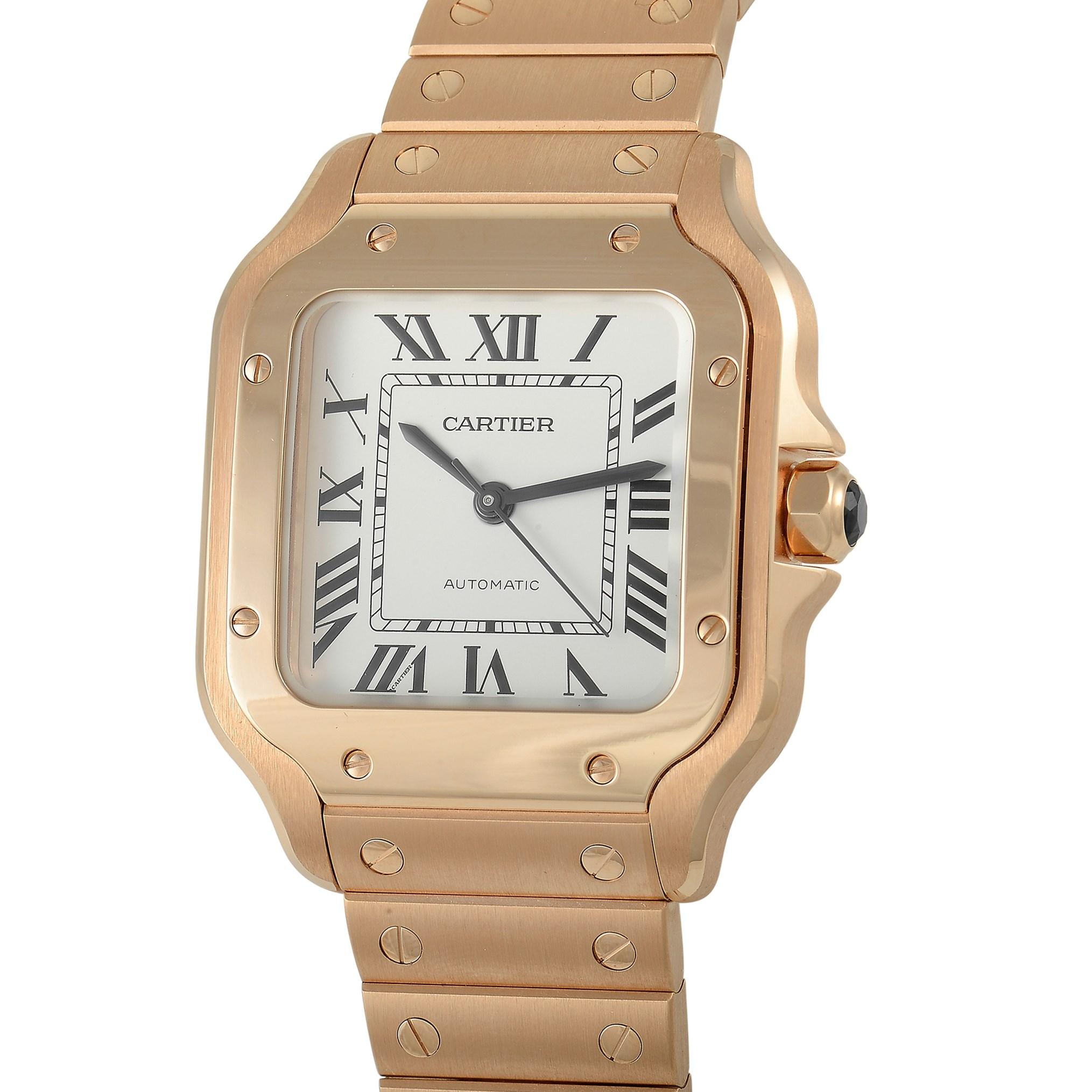 This Cartier Santos watch, reference number WGSA0031, features an 18K rose gold case that measures 35.1 mm wide. The case is presented on a matching 18K rose gold bracelet with a deployment clasp to secure it to your wrist. The white dial displays