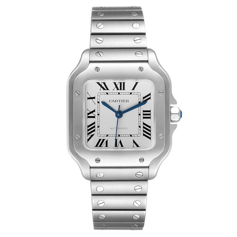 Cartier Santos De Cartier Medium Steel Mens Watch WSSA0010 Box Papers. Automatic self-winding movement. Stainless steel case 35.1 mm x 41.9 mm . Steel octagonal crown set with the faceted spinel. Stainless steel bezel punctuated with 8 signature