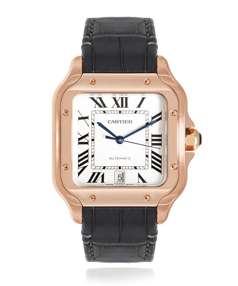 A large Santos 39.8mm wristwatch in rose gold. Featuring a silvered opaline dial, dial with roman numerals, blue steeled sword shaped hands and Cartiers own hidden signature at 'VII'. Complimenting the dial is a fixed rose gold bezel and crown set