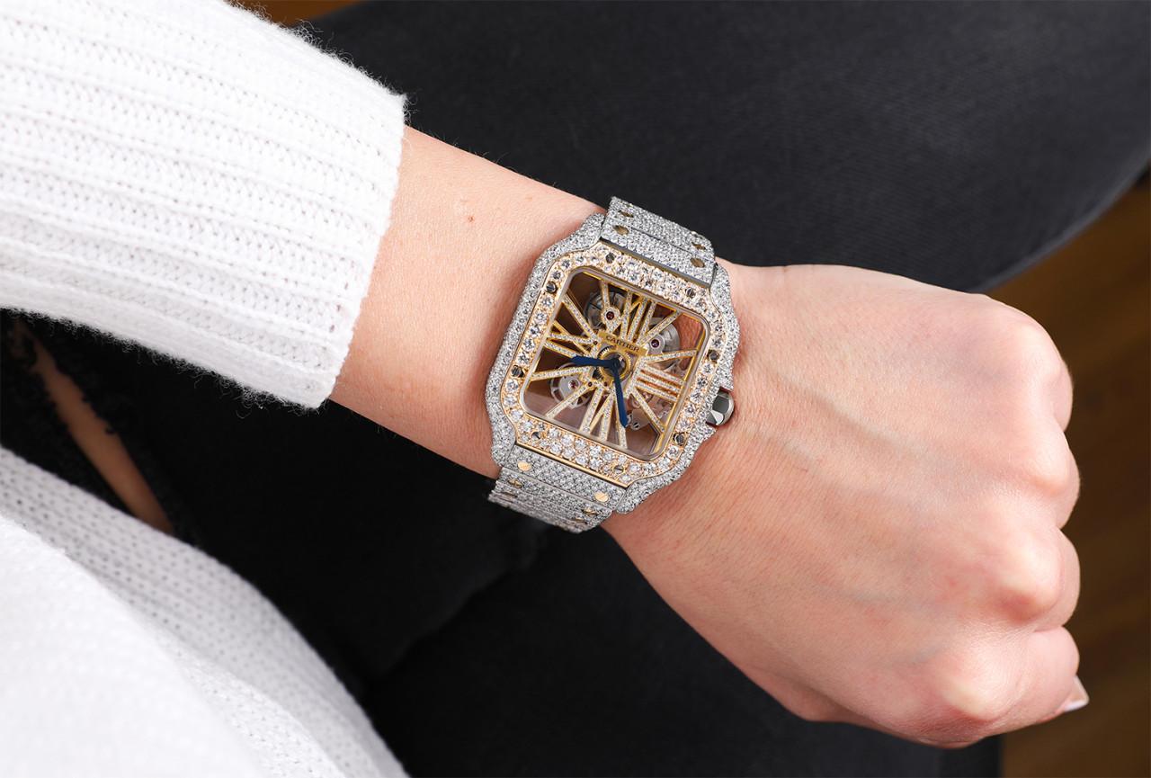 Round Cut Cartier Santos De Cartier Skeleton Custom Diamond Two Tone Yellow Watch WHSA0019 For Sale