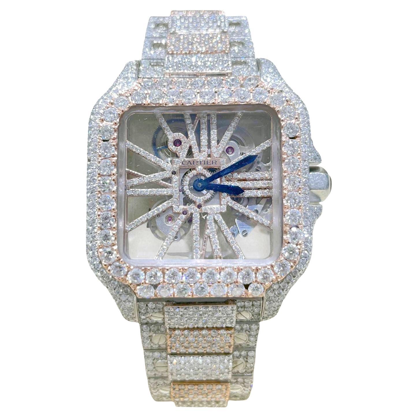 Cartier Santos De Cartier Skeleton Iced Out Two-Tone VVS Clariry Watch WHSA0015 en vente