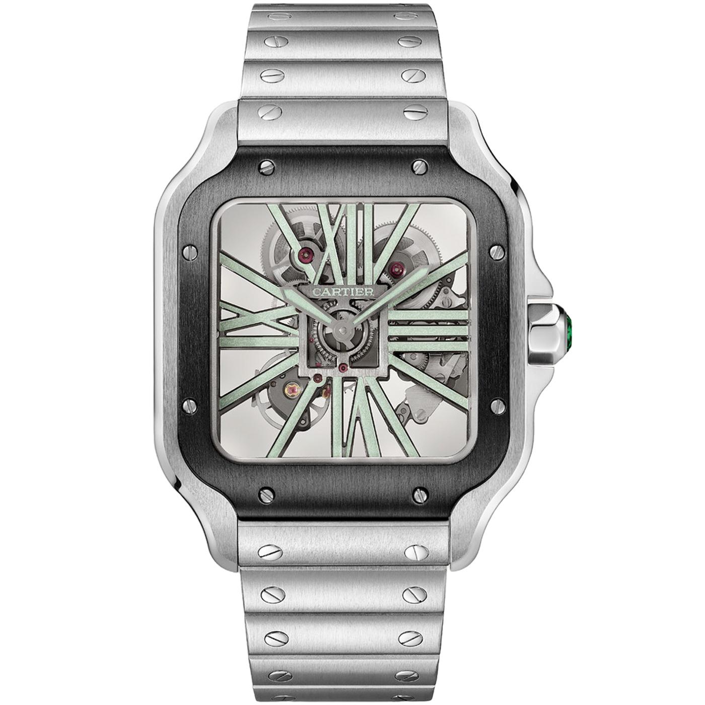 Santos watches skeletons, large models, manufactured mechanical movement with manual winding, and caliber 9611 MC. Black ADLC steel case, 7-sided crown set with green jade, grey steel sword-shaped hands, sapphire crystal, and case back. Steel