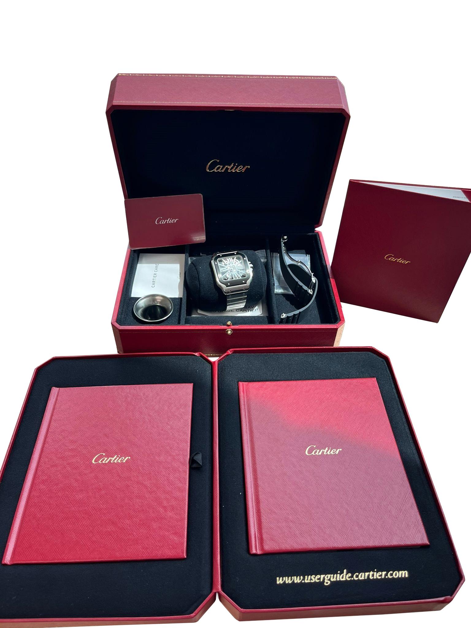 Modernist Cartier Santos De Cartier Skeleton Mechanical Black Steel Case Watch WHSA0033 For Sale