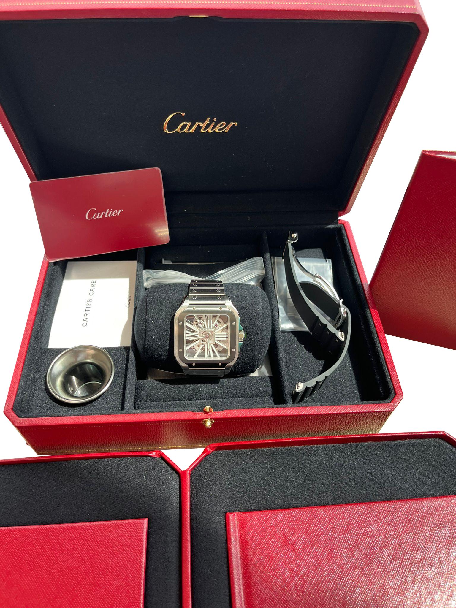 Women's or Men's Cartier Santos De Cartier Skeleton Mechanical Black Steel Case Watch WHSA0033 For Sale