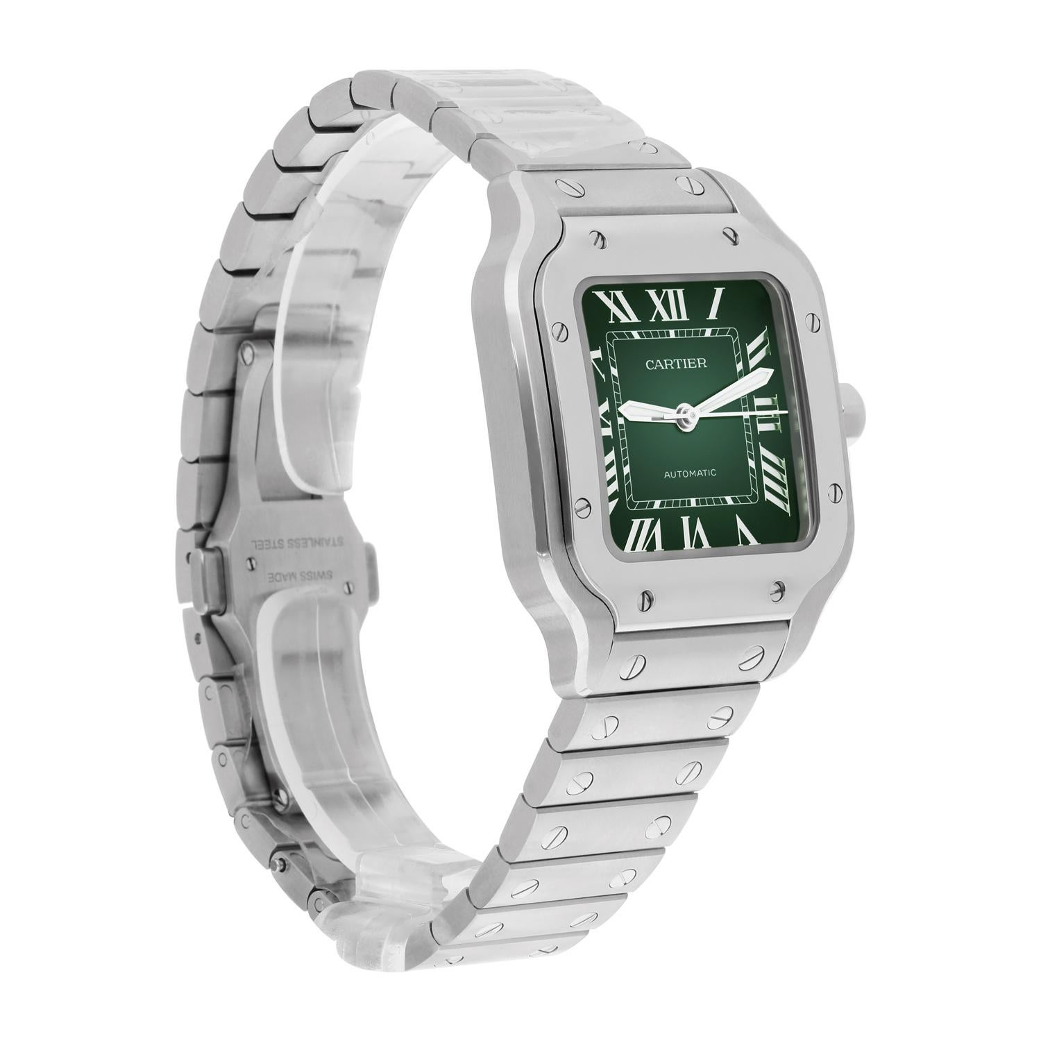 Cartier Santos De Cartier Edelstahl Grünes Zifferblatt WSSA0061 Midsize Ungetragen im Zustand „Neu“ in New York, NY