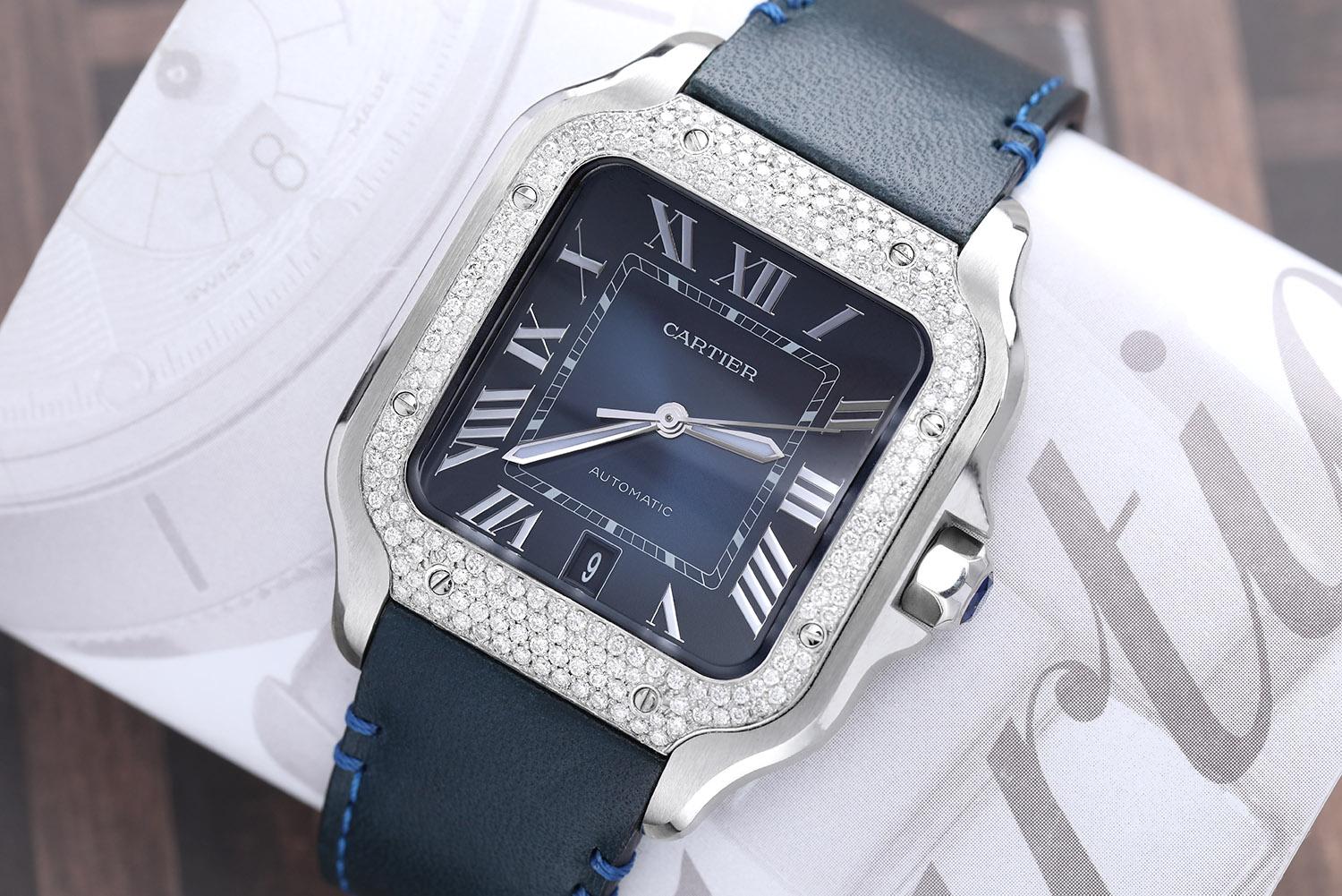 Men's Cartier Santos De Cartier Stainless Steel Watch with Diamond Bezel Blue Dial  For Sale