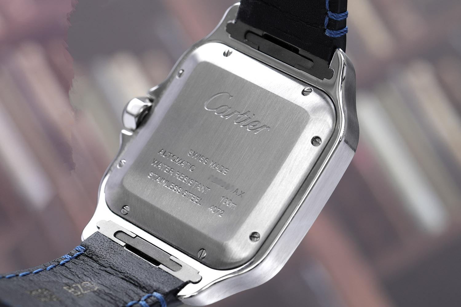 Men's Cartier Santos De Cartier Stainless Steel Watch with Diamond Bezel Blue Dial For Sale