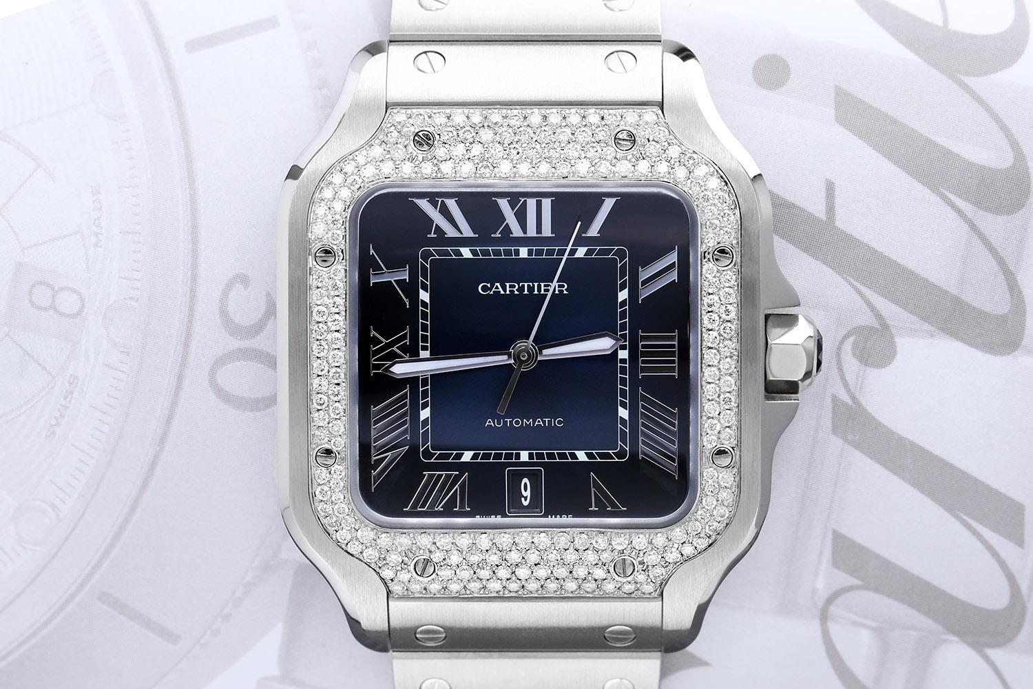 Cartier Santos De Cartier Stainless Steel Watch with Diamond Bezel Blue Dial  For Sale 1