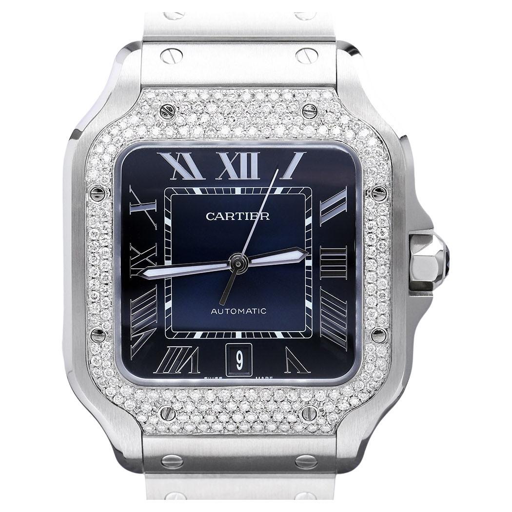 Cartier Santos De Cartier Stainless Steel Watch with Diamond Bezel Blue Dial  For Sale