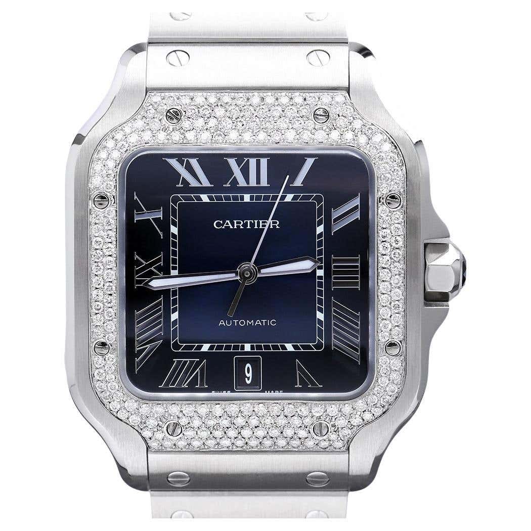 Cartier Santos De Cartier Stainless Steel Watch With Diamond Bezel Blue Cartier Santos De Cartier Stainless Steel Watch With Diamond Bezel Blue
