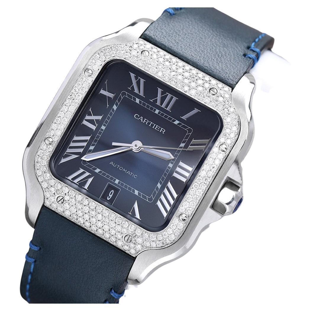 Cartier Santos De Cartier Stainless Steel Watch with Diamond Bezel Blue Dial  For Sale