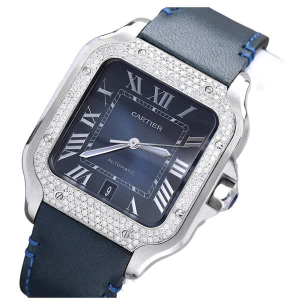 Cartier Santos De Cartier Stainless Steel Watch with Diamond Bezel Blue ...