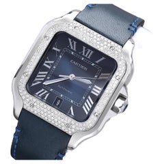 Cartier Santos De Cartier Stainless Steel Watch with Diamond Bezel Blue Dial 