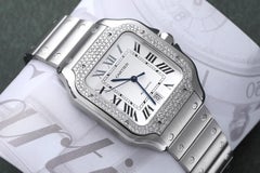 Cartier Santos De Cartier Stainless Steel Watch with Diamond Bezel White Dial