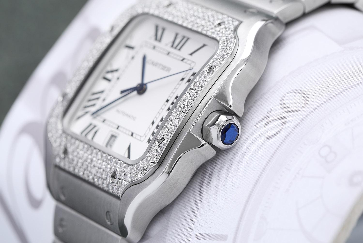 Round Cut Cartier Santos De Cartier Stainless Steel Watch with Diamond Bezel White Dial For Sale