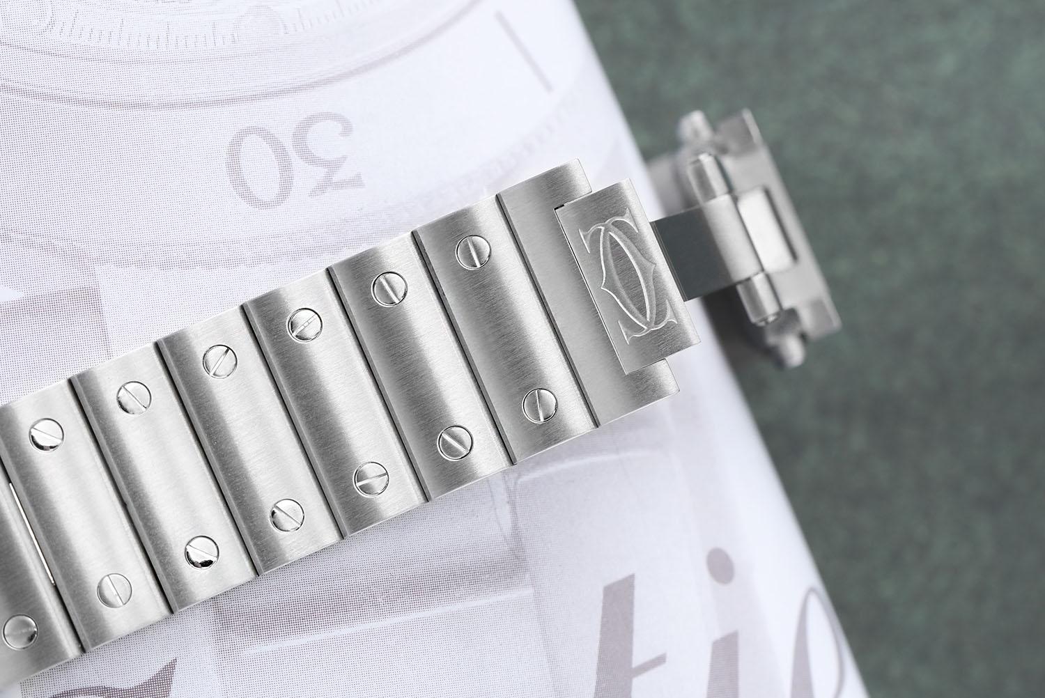 Men's Cartier Santos De Cartier Stainless Steel Watch with Diamond Bezel White Dial For Sale