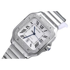Cartier Santos De Cartier Stainless Steel Watch with Diamond Bezel White Dial
