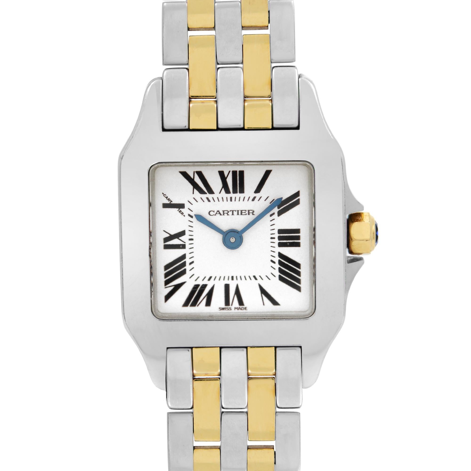 Pre-owned Cartier Santos Demoiselle 18k Gold Steel White Dial Quartz Ladies Watch W25066Z6. This Beautiful Timepiece is Powered by Quartz (Battery) Movement And Features: Stainless Steel Case with a 18k Gold & Stainless Steel Bracelet, Fixed