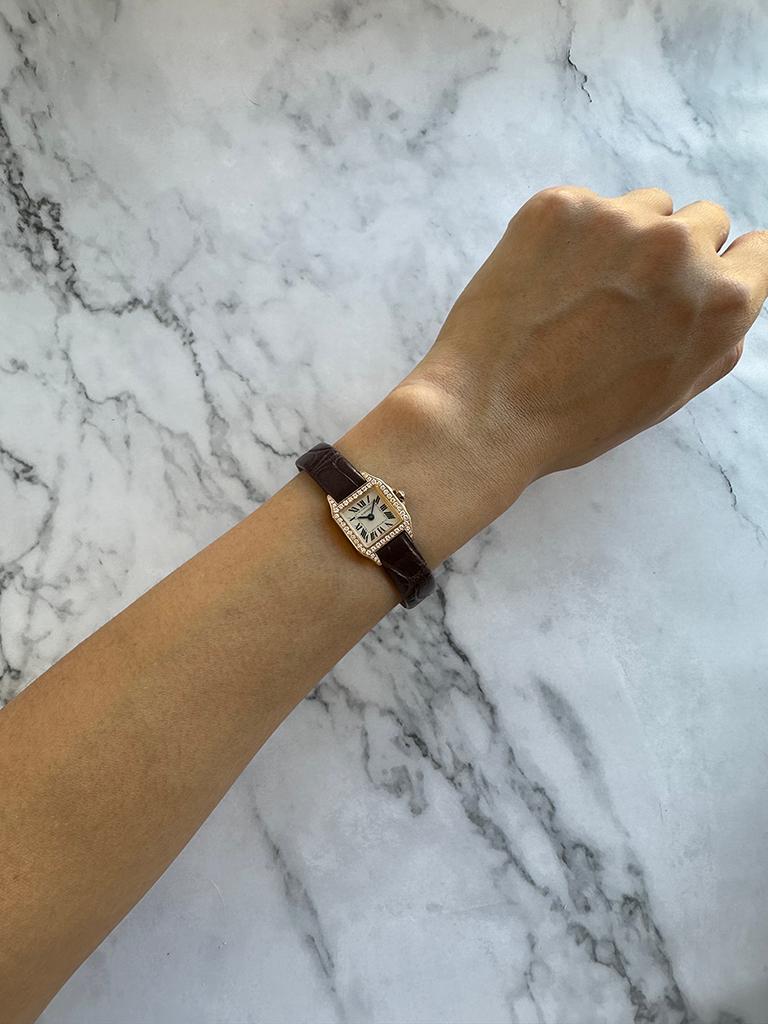 Round Cut Cartier Santos Demoiselle 18K Rose Gold Diamond Watch