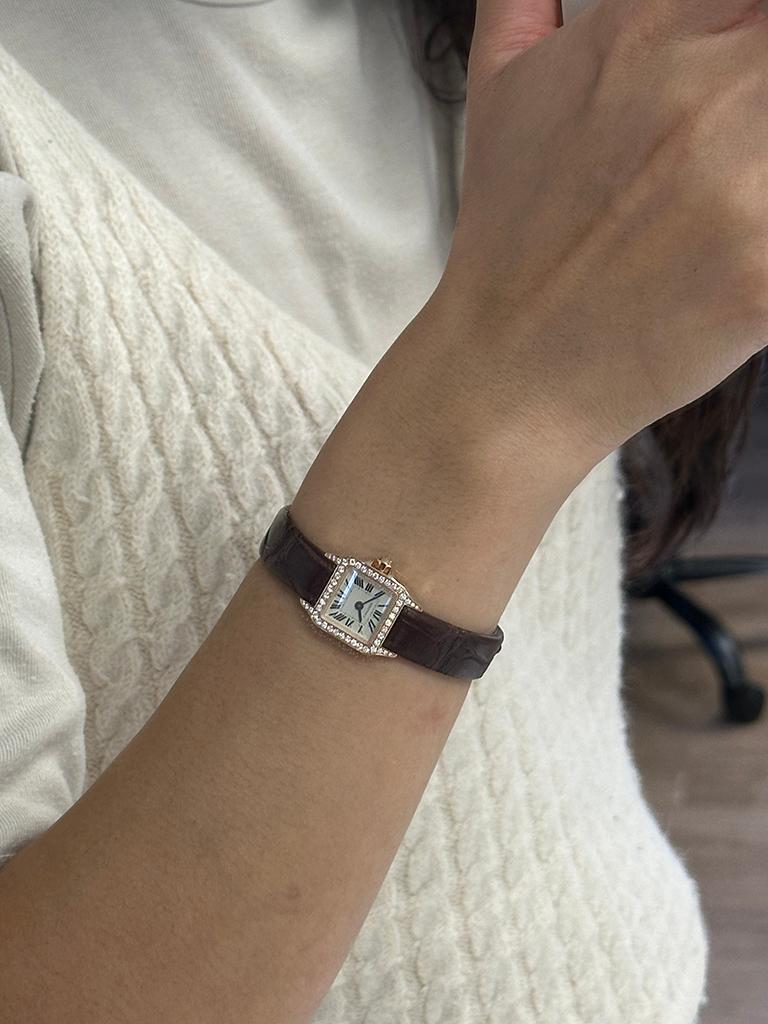 Cartier Santos Demoiselle 18K Rose Gold Diamond Watch In Excellent Condition In Great Neck Plaza, NY
