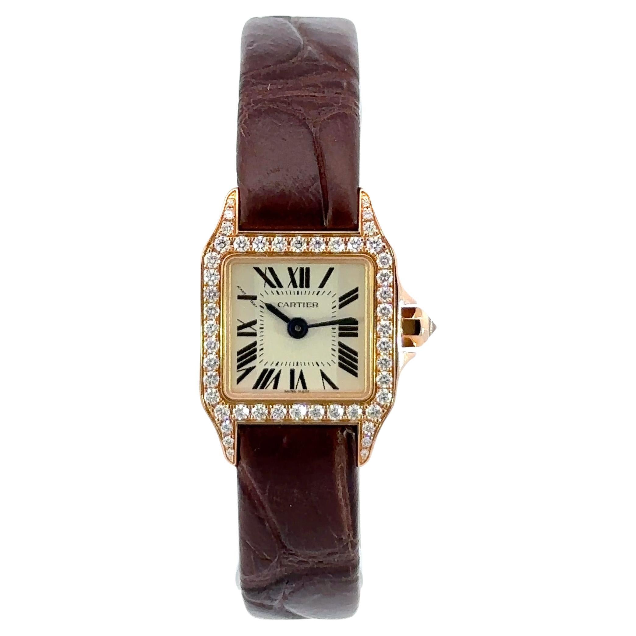 Cartier Santos Demoiselle 18K Rose Gold Diamond Watch For Sale