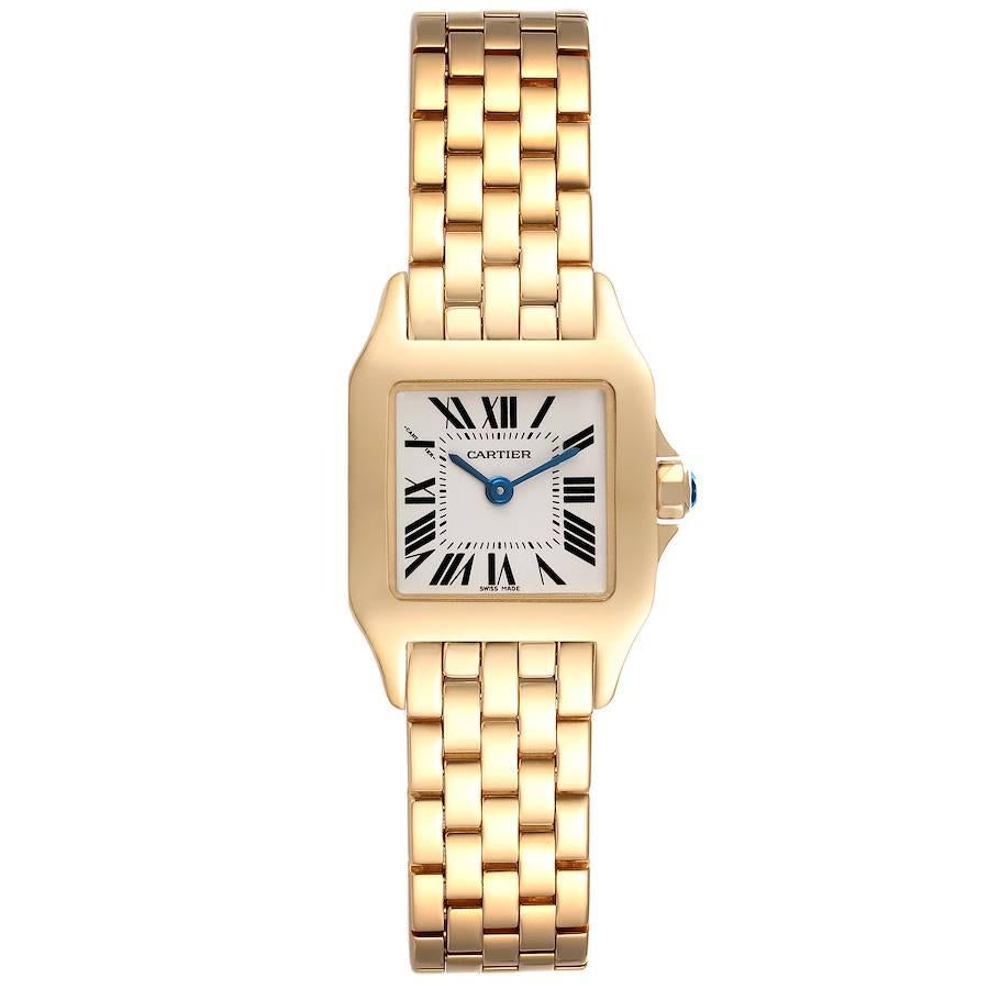 Cartier Santos Demoiselle 18k Yellow Gold Silver Dial Ladies Watch W25063X9. Quartz movement. 18K yellow gold case 21 x 28 mm. Octagonal crown set with the blue sapphire. 18K yellow gold bezel. Scratch resistant sapphire crystal. Silvered grained